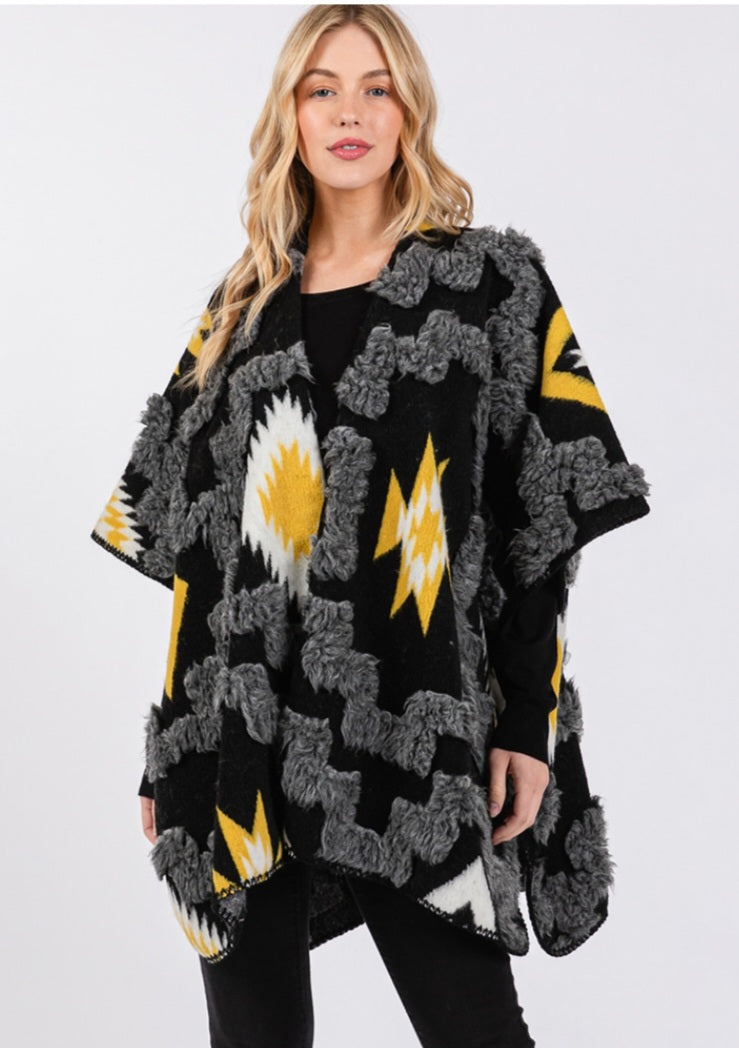 Fuzzy Aztec Pattern Kimono Poncho