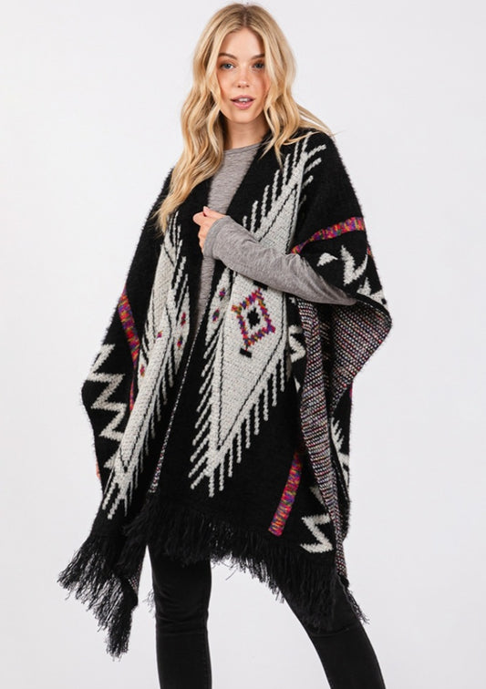 Fuzzy Aztec Pattern Tassel Knit Ruana Poncho